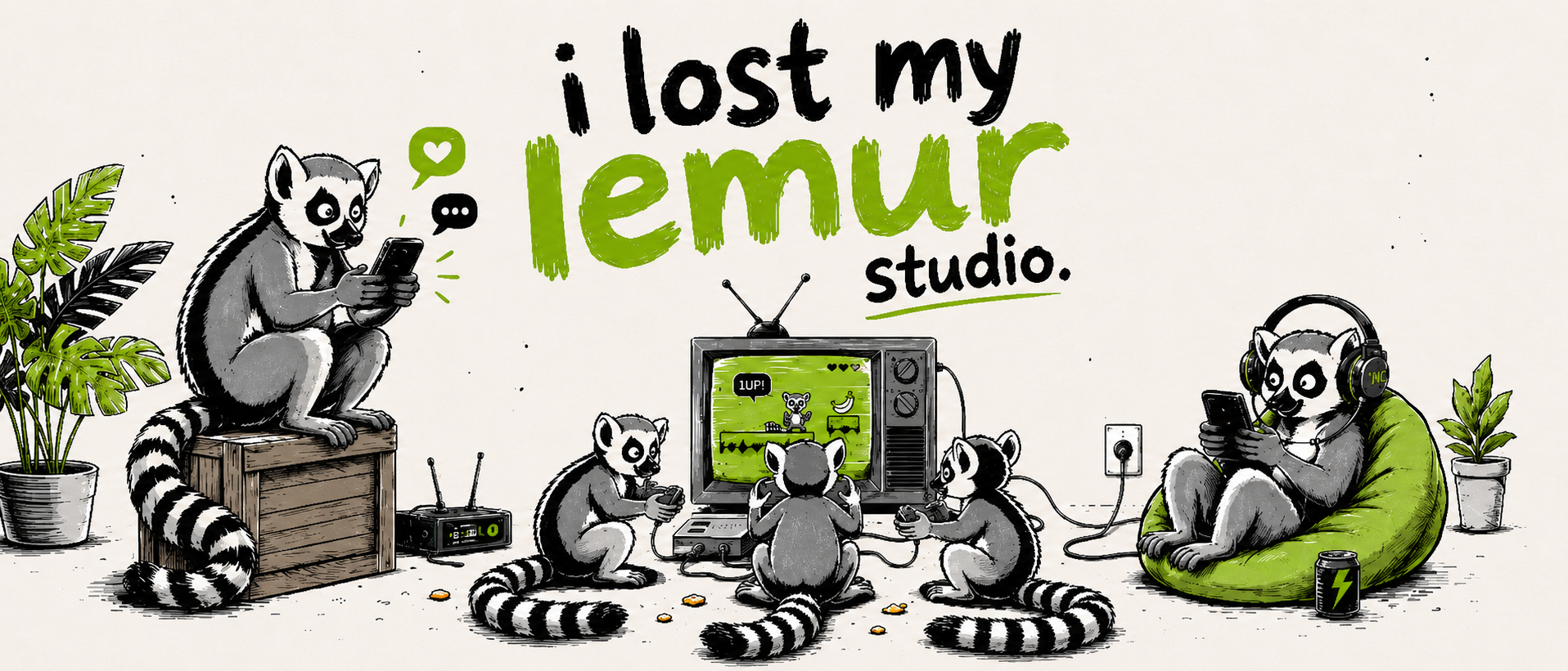 Illustrated i lost my lemur studio header with lemurs using phones and playing video games around a retro TV.